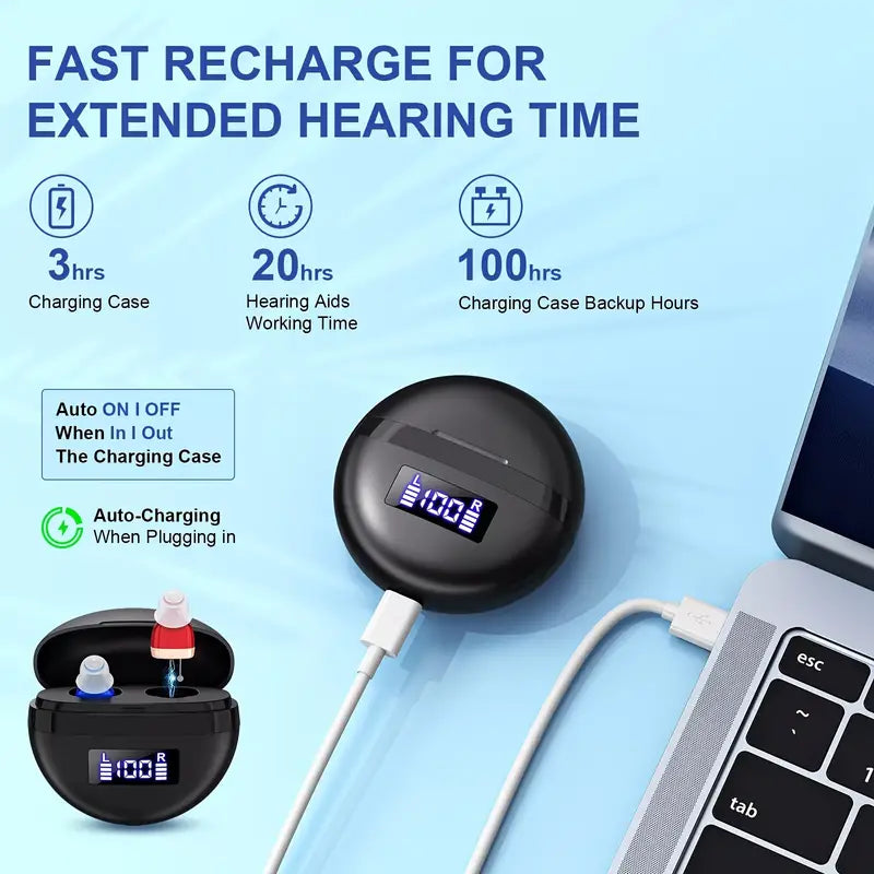 Rechargeable Digital Hearing Aid with Noise Reduction, Invisible In-Ear, Strap Charging Case for Seniors