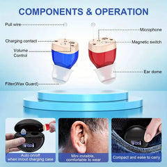 Rechargeable Digital Hearing Aid with Noise Reduction, Invisible In-Ear, Strap Charging Case for Seniors